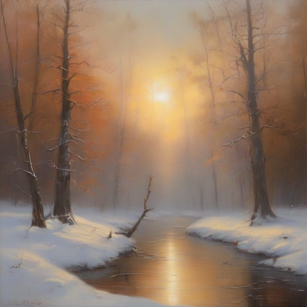 Icy Creek in Winter Landscape as Oil Painting