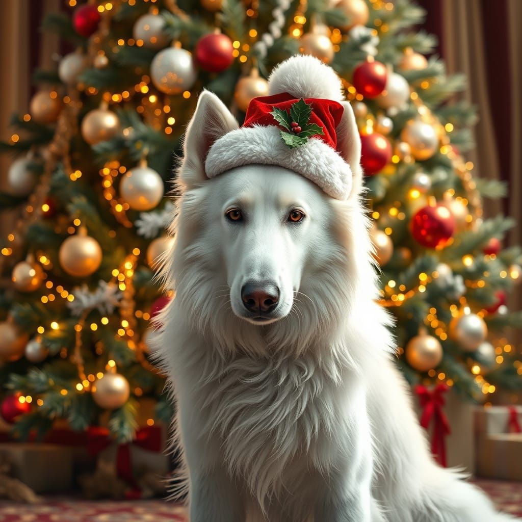 Majestic White Shepherd Dog in Regal Christmas Scene