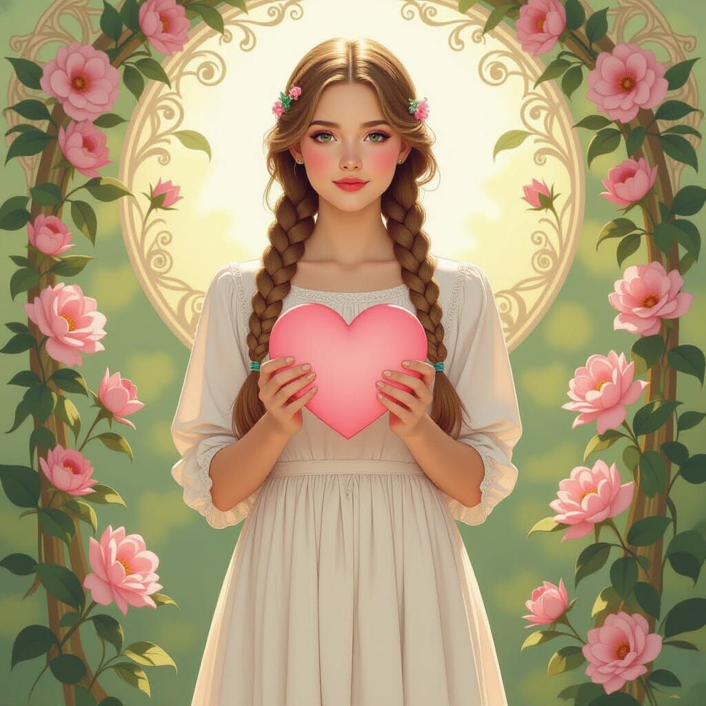 Blonde Woman Holding Heart in Art Nouveau Style