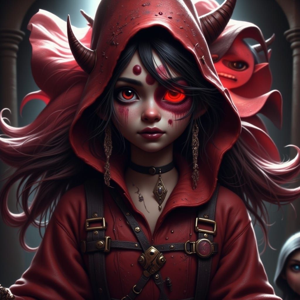 Vibrant Red-Hued Enchantresses in a Dark Scene