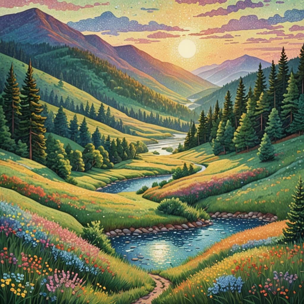 Scenic Meadow with River in Pointillism Style