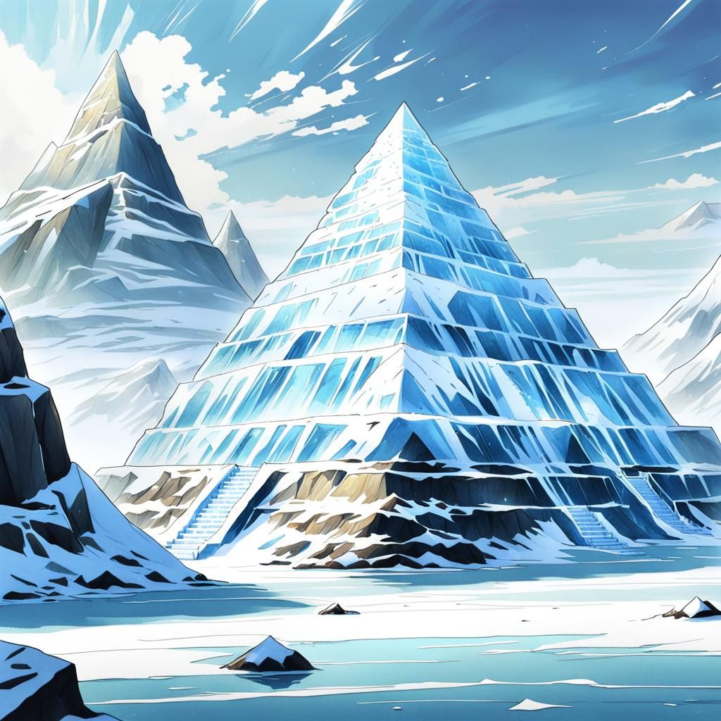 Stone Pyramid in Frozen Anime Landscape