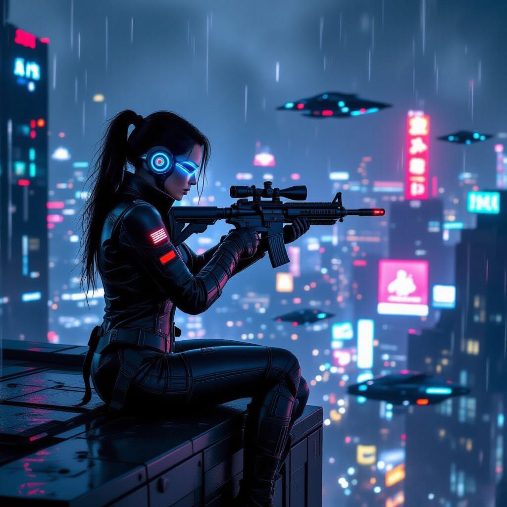 Retro Sci-Fi Assassin on Skyscraper, Cybernetic Glow