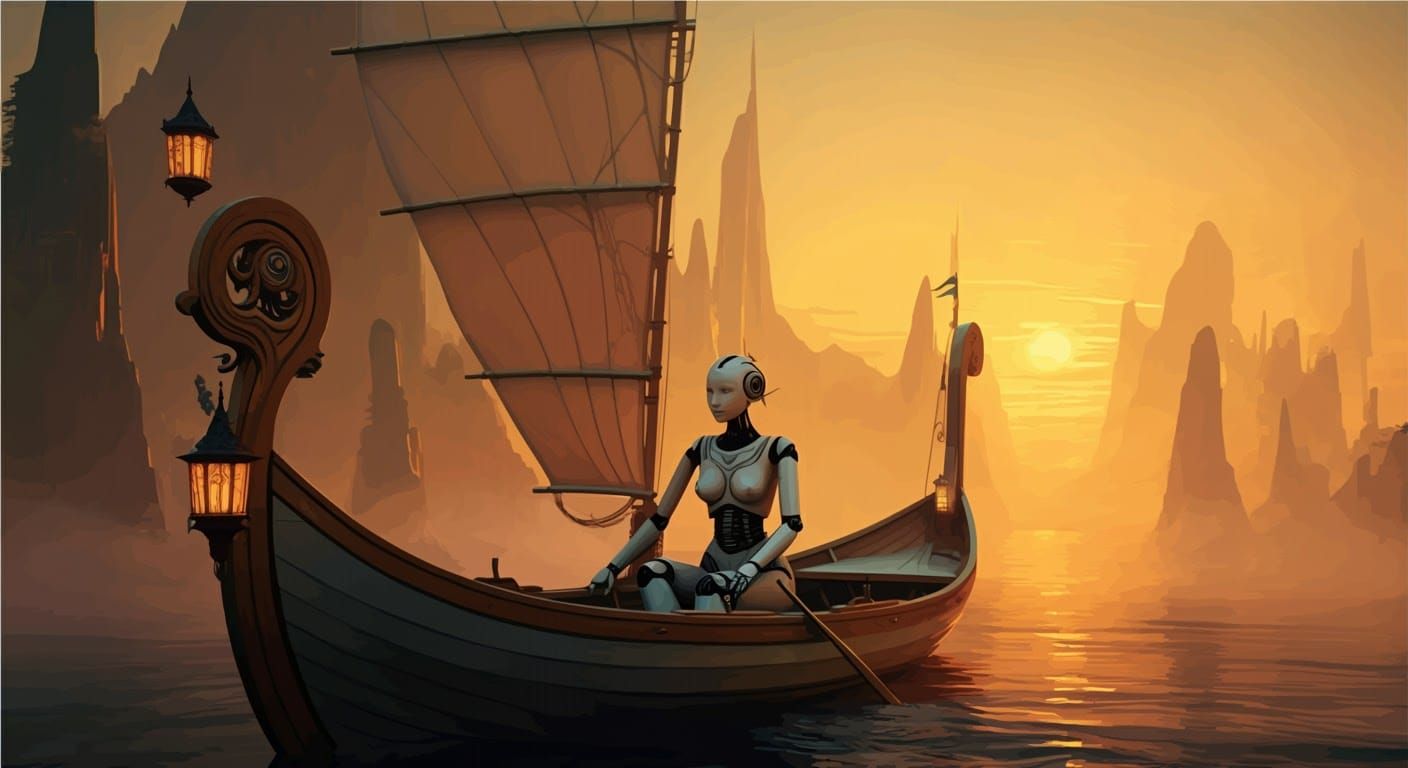 Robotic Woman Sailing in Iridescent Dreamscape