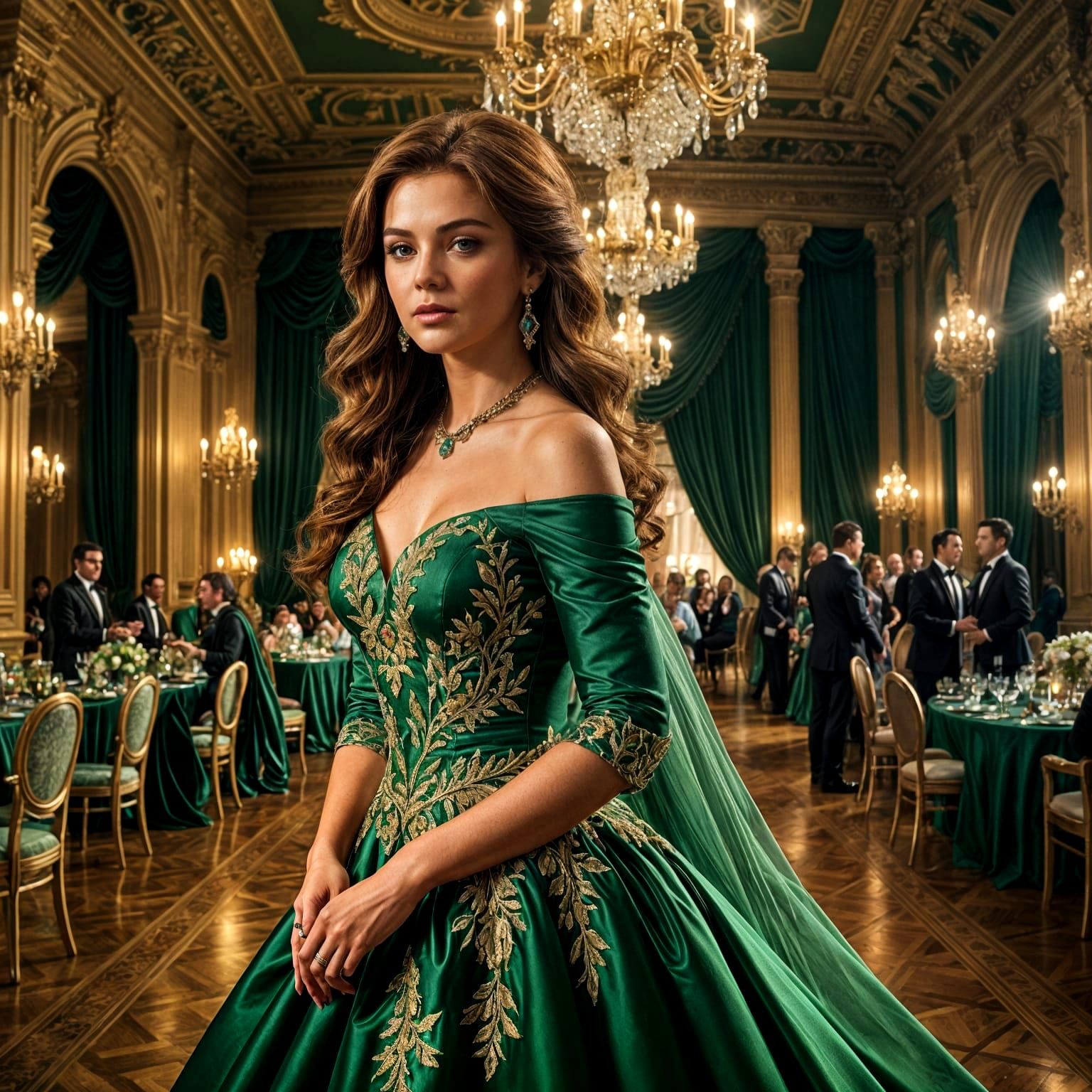 Portrait of Woman in Green Gown with Emeralds