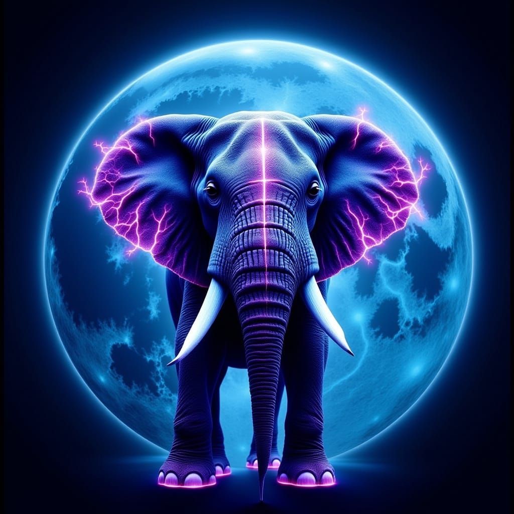Majestic Elephant Before Electric Full Moon in Aura