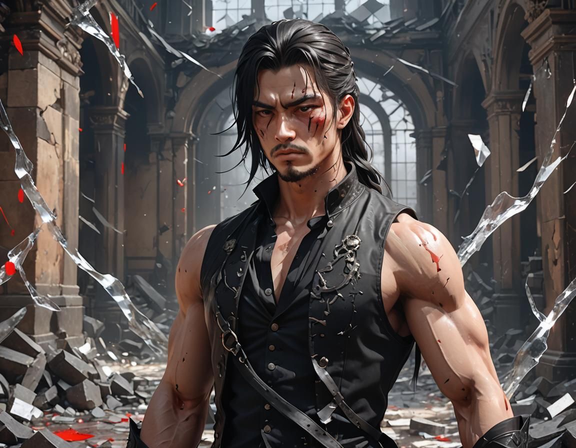 Dark Fantasy Anime Man in Hall of Glass