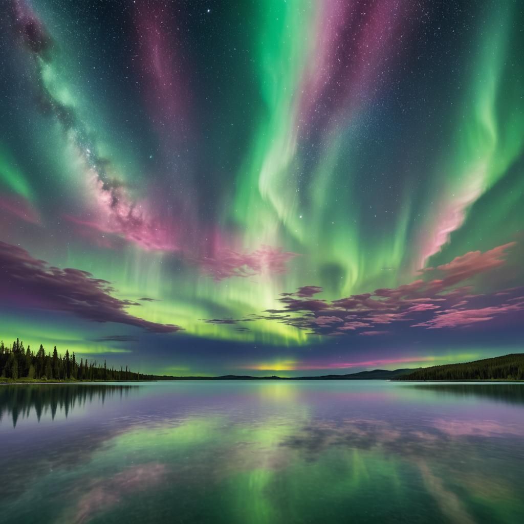 Aurora and Milky Way Reflection: Digital Landscape Art