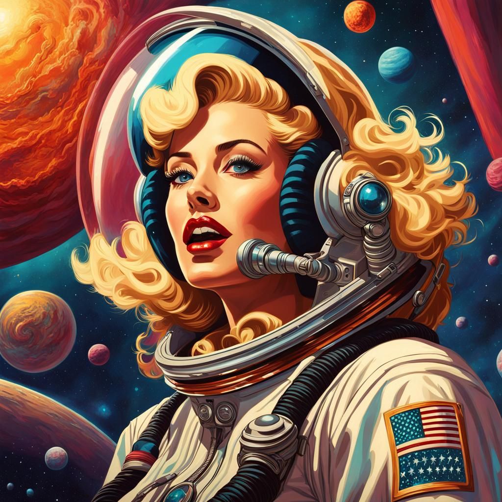 Retro-Futuristic 1950s Pinup Astronaut at Alien Carnival