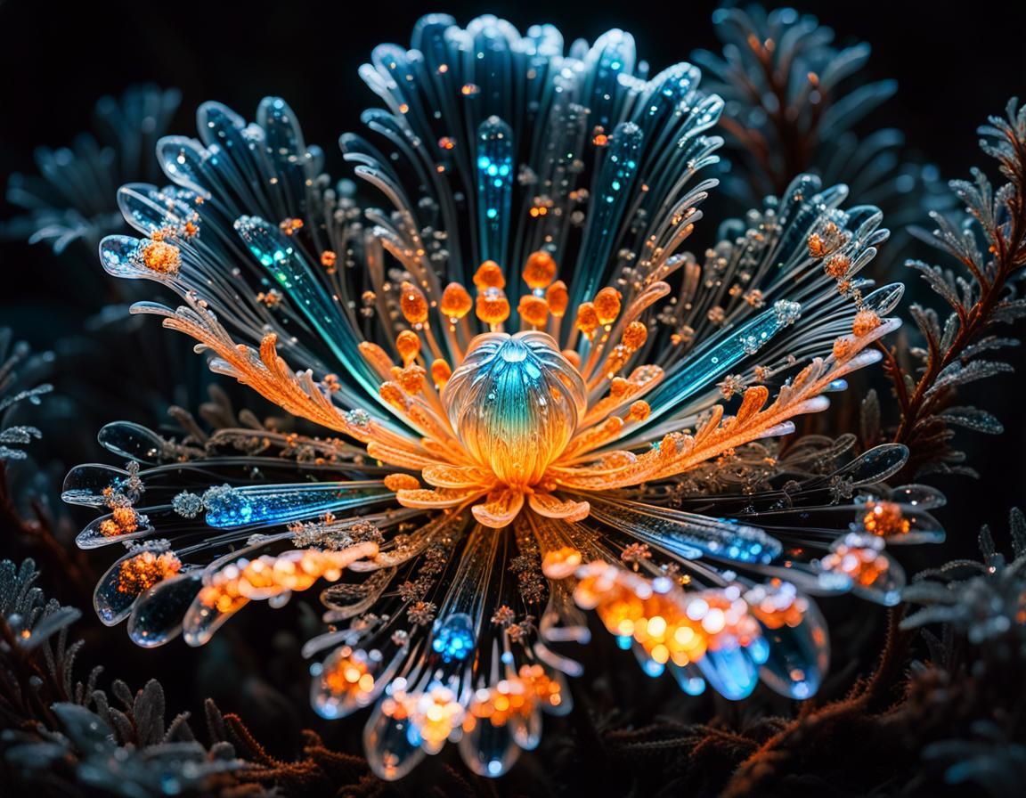 Bioluminescent Glass Flower in Crystalline Forest