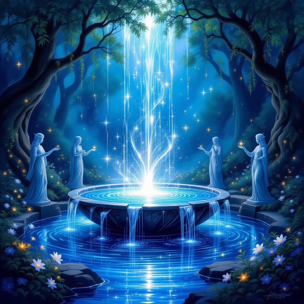 Ethereal Starlight Fountain in Fantasy Oil Painting