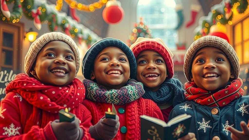 Whimsical Christmas Scene with African American Children Sin...