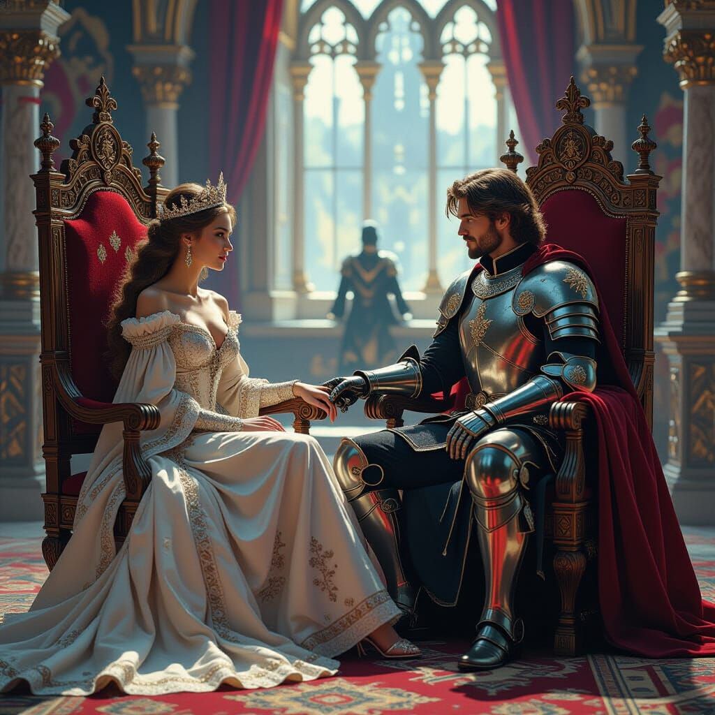 Queen and Knight in Elegant Throne Room