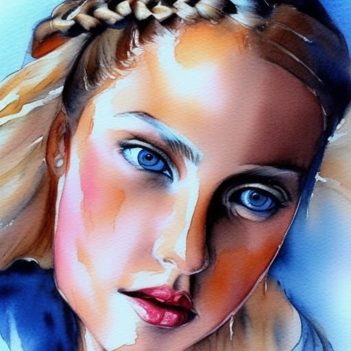Watercolor Portrait of Young Woman with Braided Hair