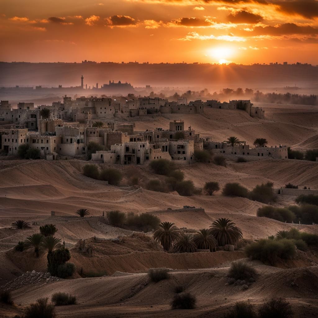 Bleak Desert Sunrise Over War-Torn Ruins