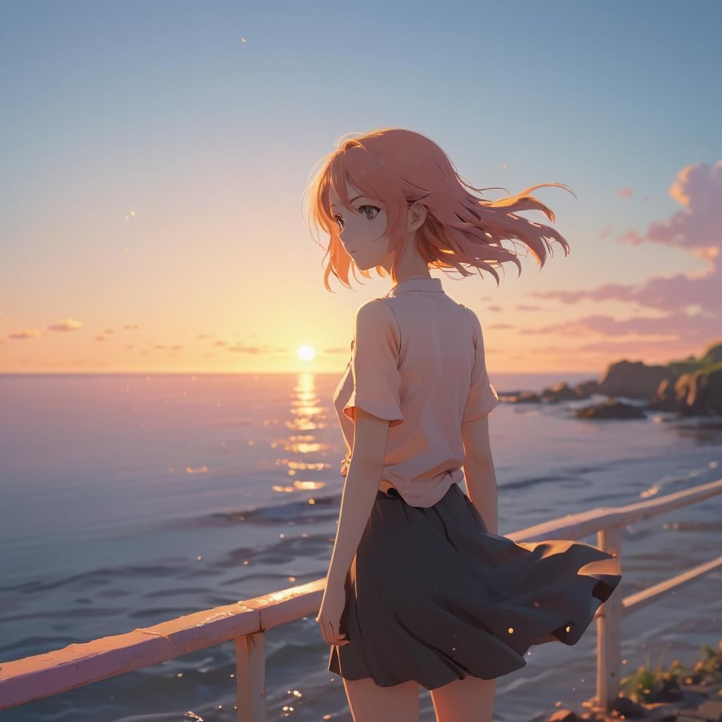 Anime Girl at Sunset in Vibrant Style