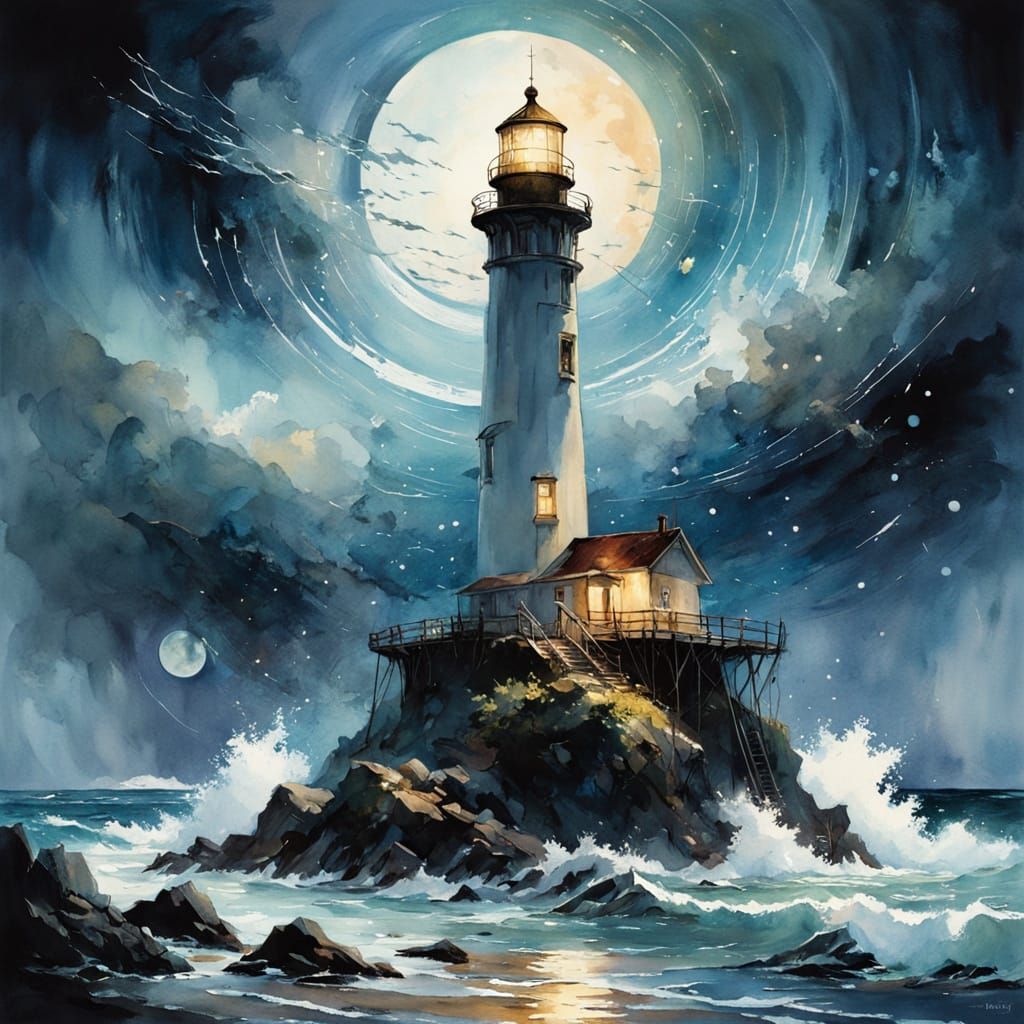 Ocean Storm at Lighthouse in Watercolor Art