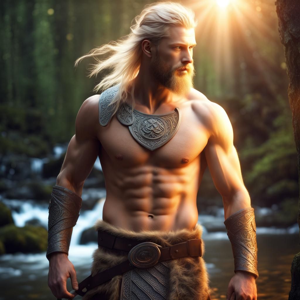Mysterious Viking with Blonde Hair in Neon Lighting