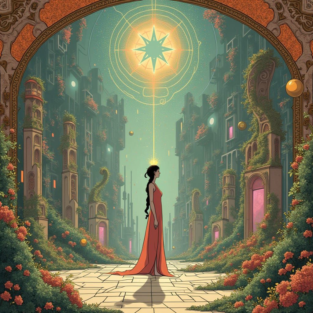 Ethereal Figure in Mysterious Cityscape