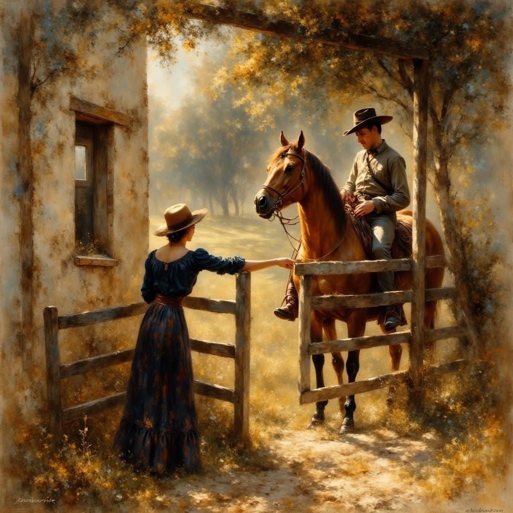 Pioneer Couple Tending Corral in Golden Hour Light