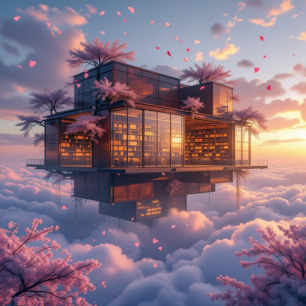 Massive Copper Library Floating in Sunset Clouds