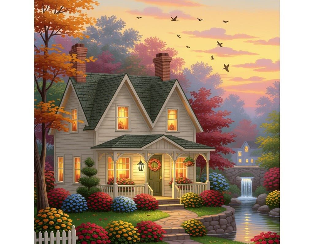 Cozy Autumn Scene in the Style of Thomas Kinkade