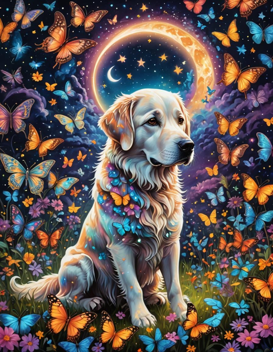 Ghost Dog Watching Starry Night in Cosmic Illustration