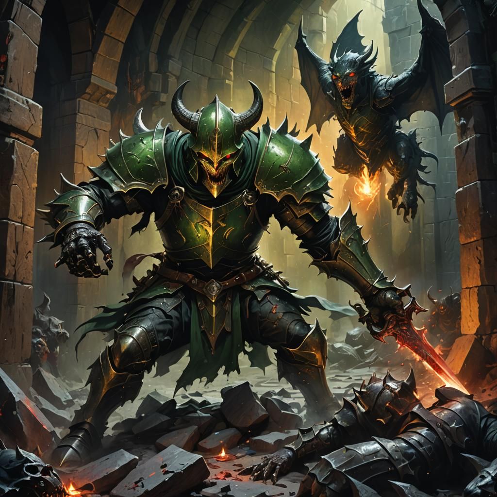 Dark Fantasy Knight Slaying Gargoyles in Dimly Lit Cave