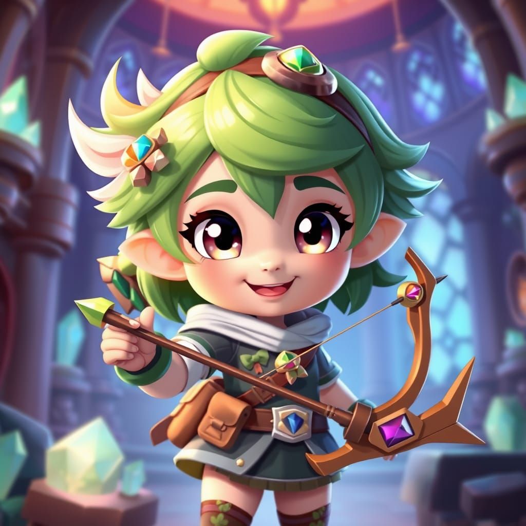 Cute Hunter Girl in Genshin Impact Style with Shiny Green Ha...