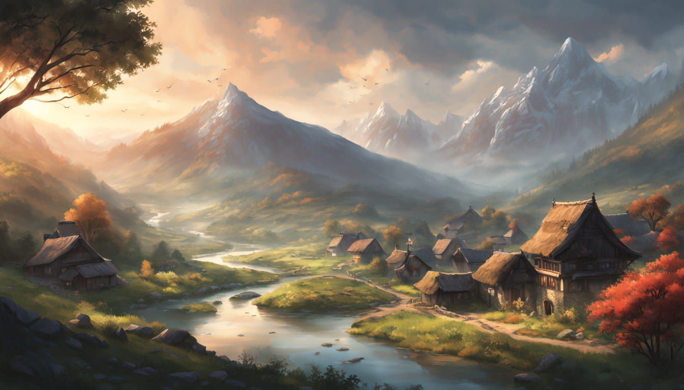 Mist-Shrouded Village in Valley at Dawn