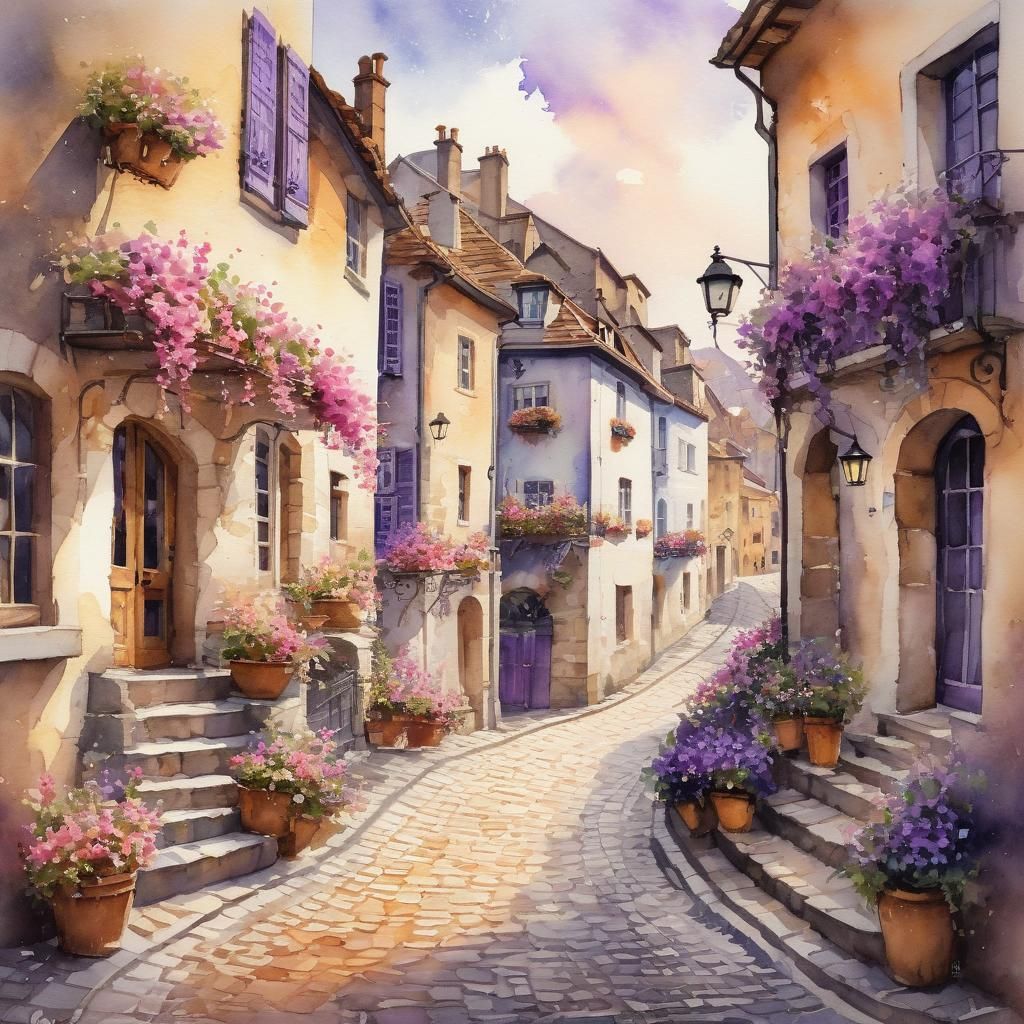 Whimsical European Village Watercolor Scene