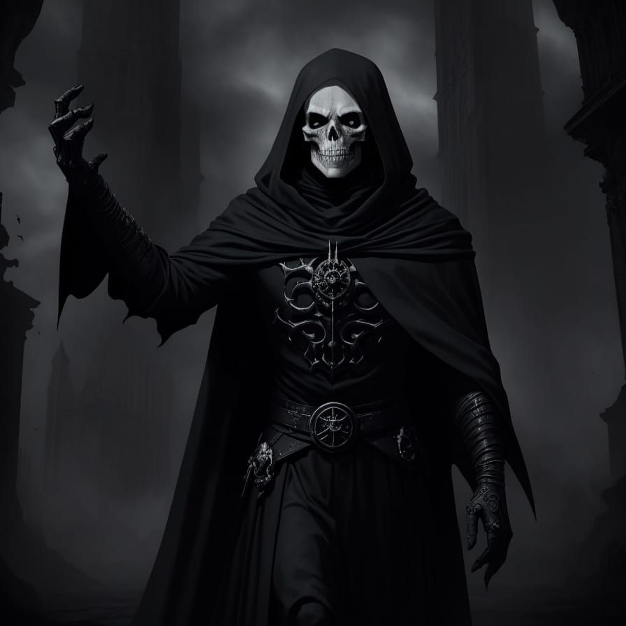 Solemn Figure Guiding Lost Souls in Dark Fantasy Art