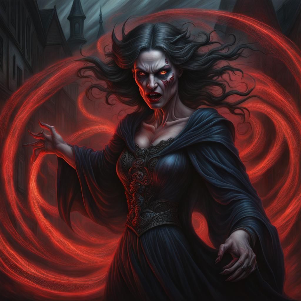 Demonic Gothic Woman in Dark Mist, Hyperdetailed Drawing