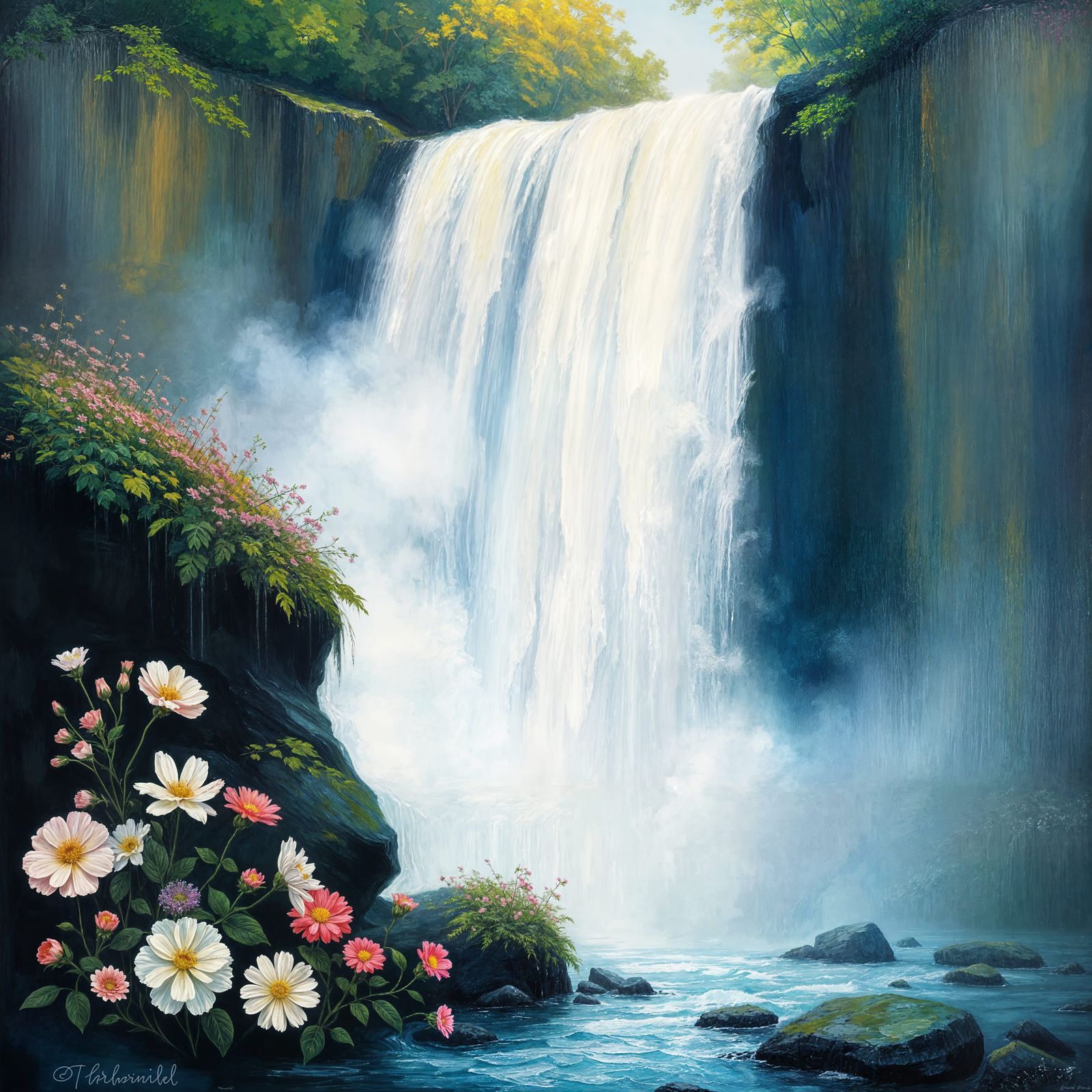 Ethereal Waterfall in Neo-Impressionist Oil Painting