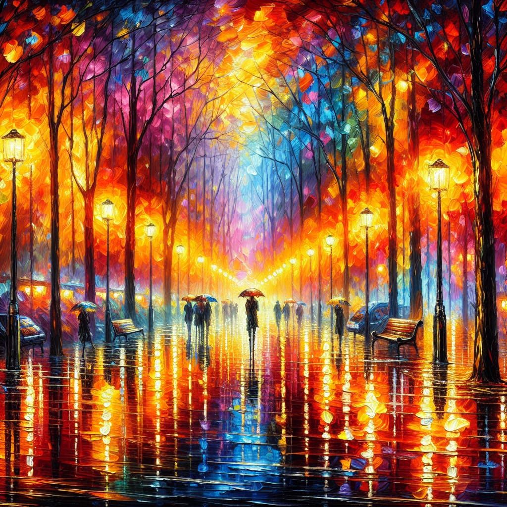 Rainy Night in Urban Park: Impressionistic Painting