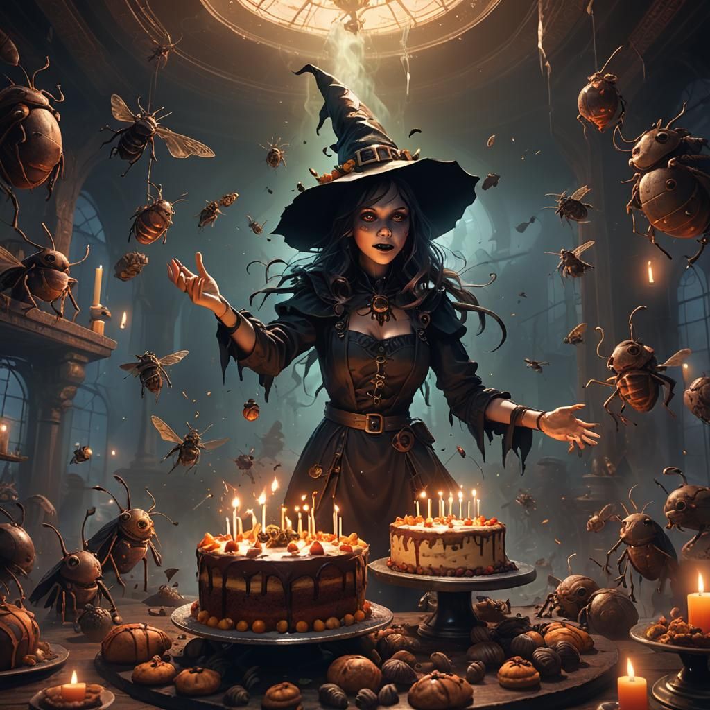 Witch Girl Celebrates with Bug Cake: Dark Fantasy Art