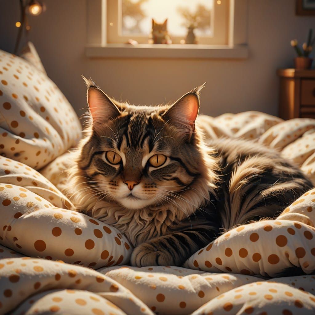 Cat Sleeping in Polka Dot Bed: Digital Matte Painting