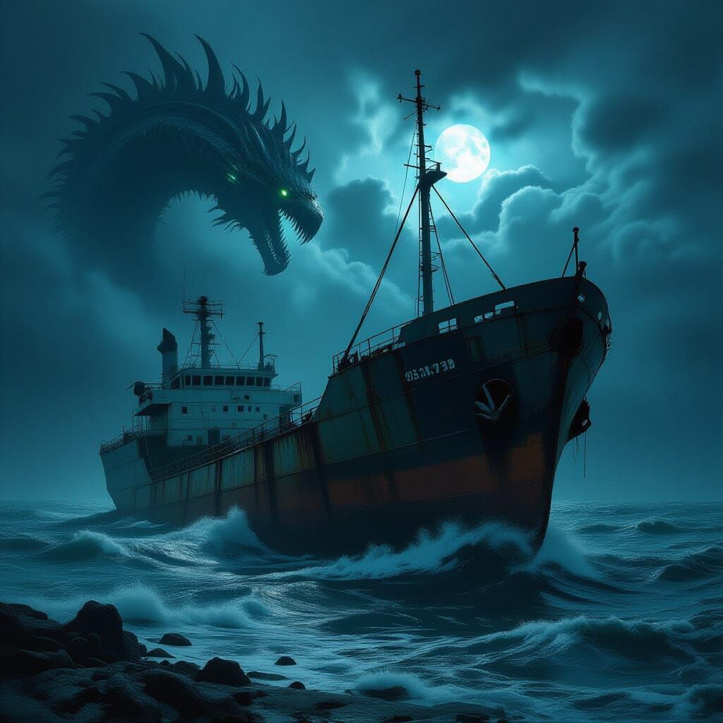 Ominous Abandoned Ship Drifting on Stormy Sea