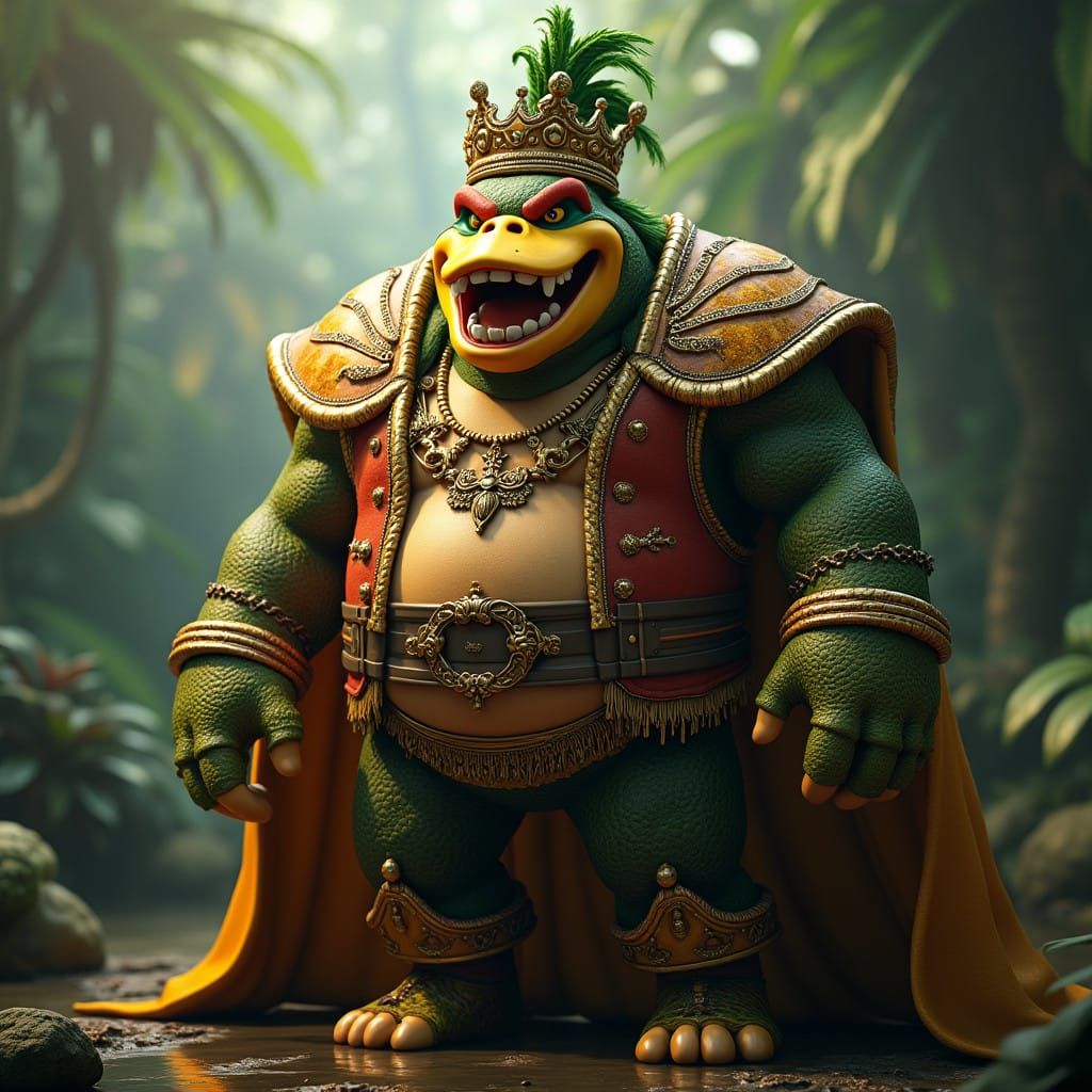Regal King K. Rool in Golden Pirate Attire amidst Jungle Spl...