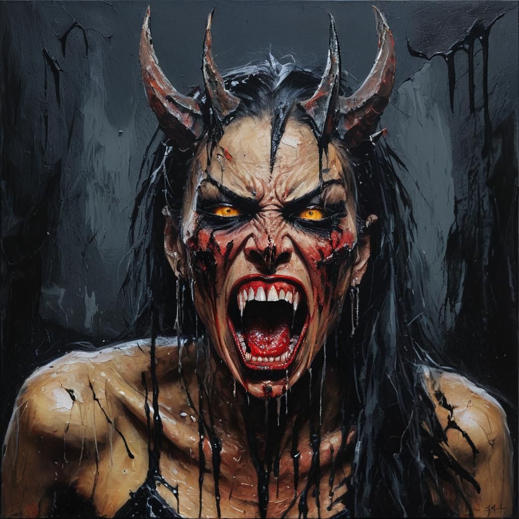 Demonic Queen Screaming in Expressionist Acrylic Painting