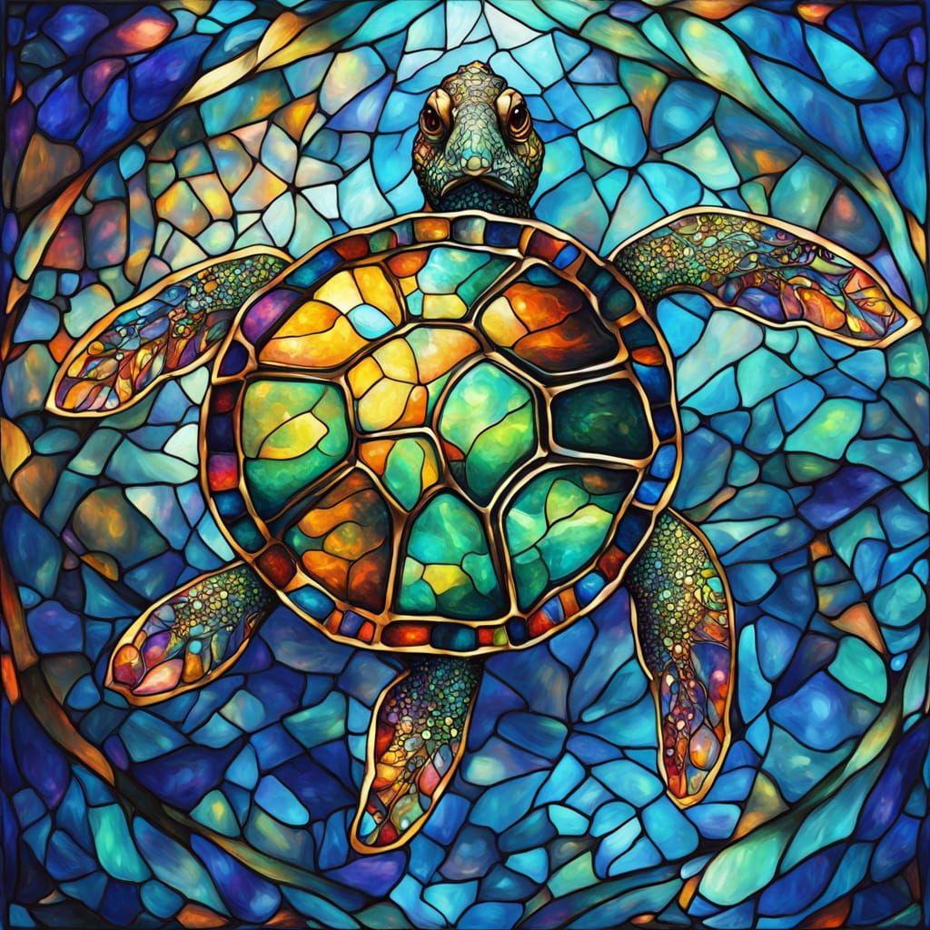 Stunning Stained Glass Turtle in Iridescent Blues and Greens