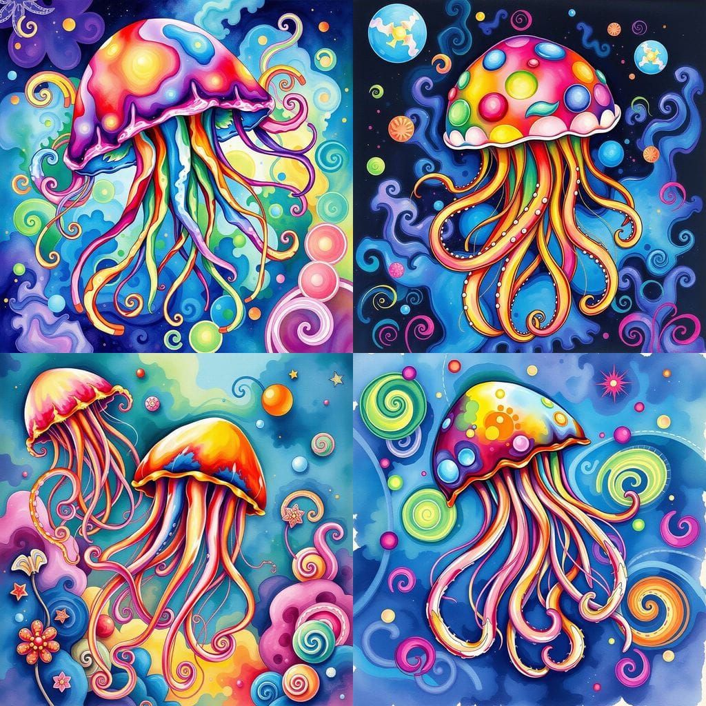 Vibrant Jellyfish in Whimsical Gouache Wonderland