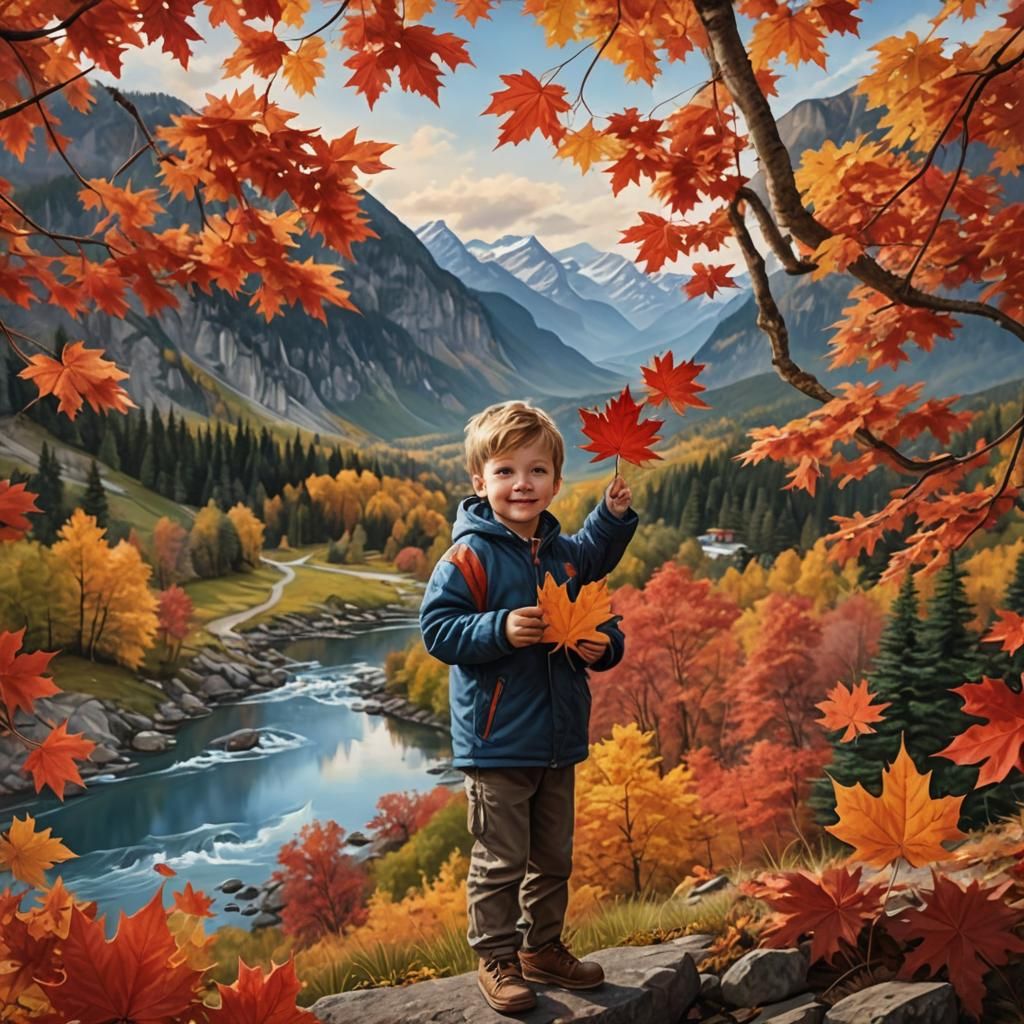 Boy with Maple Leaf in Vivid Landscape