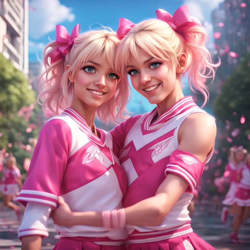 Anime Couple in Cheerleader Costume: Detailed Matte Painting