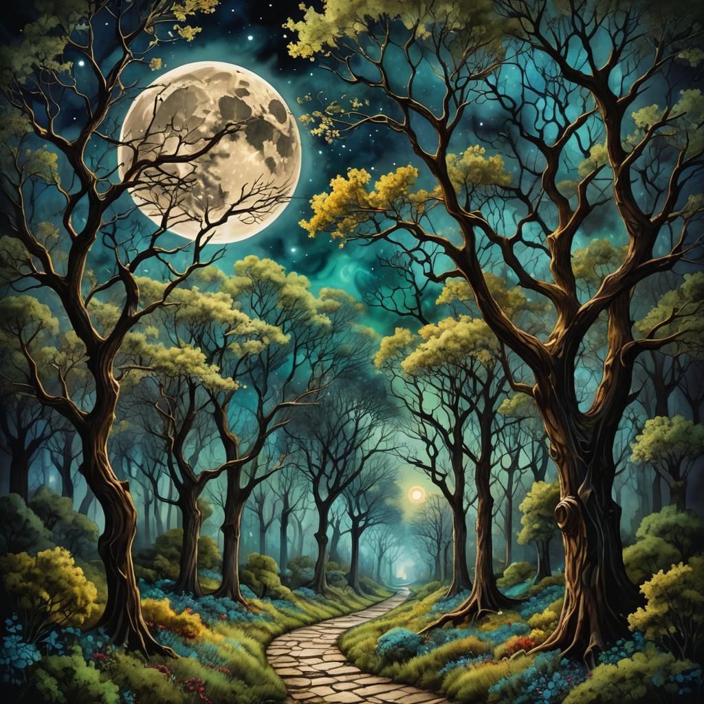 Moonlit Forest Path in Alcohol Ink Style