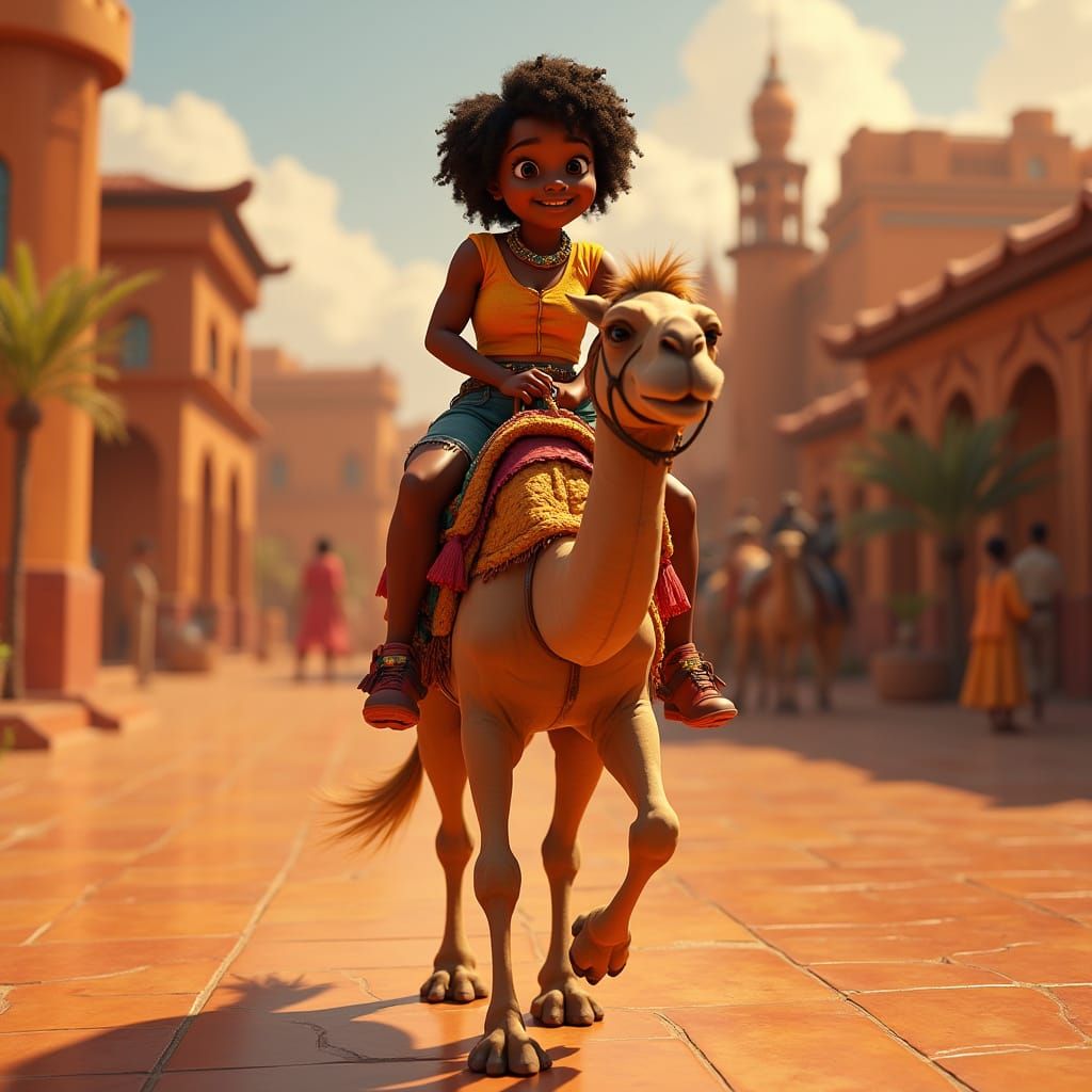 Teen Rides Camel in Desert: 3D Pixar Animation