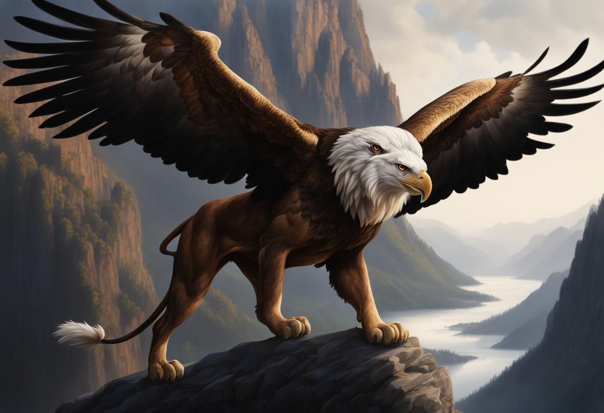 Majestic Griffin Soaring Over Mountain Landscape