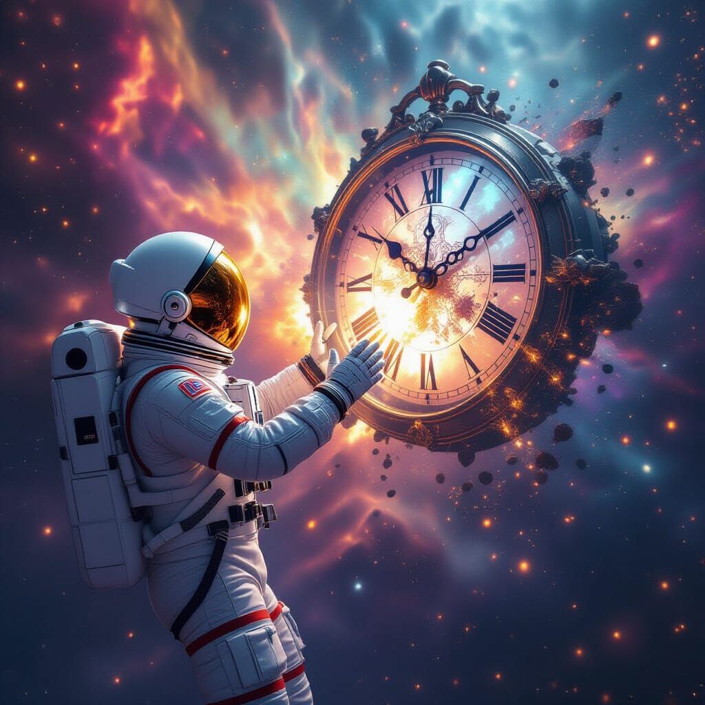 Astronaut Touching Clock Face in Cosmic Void