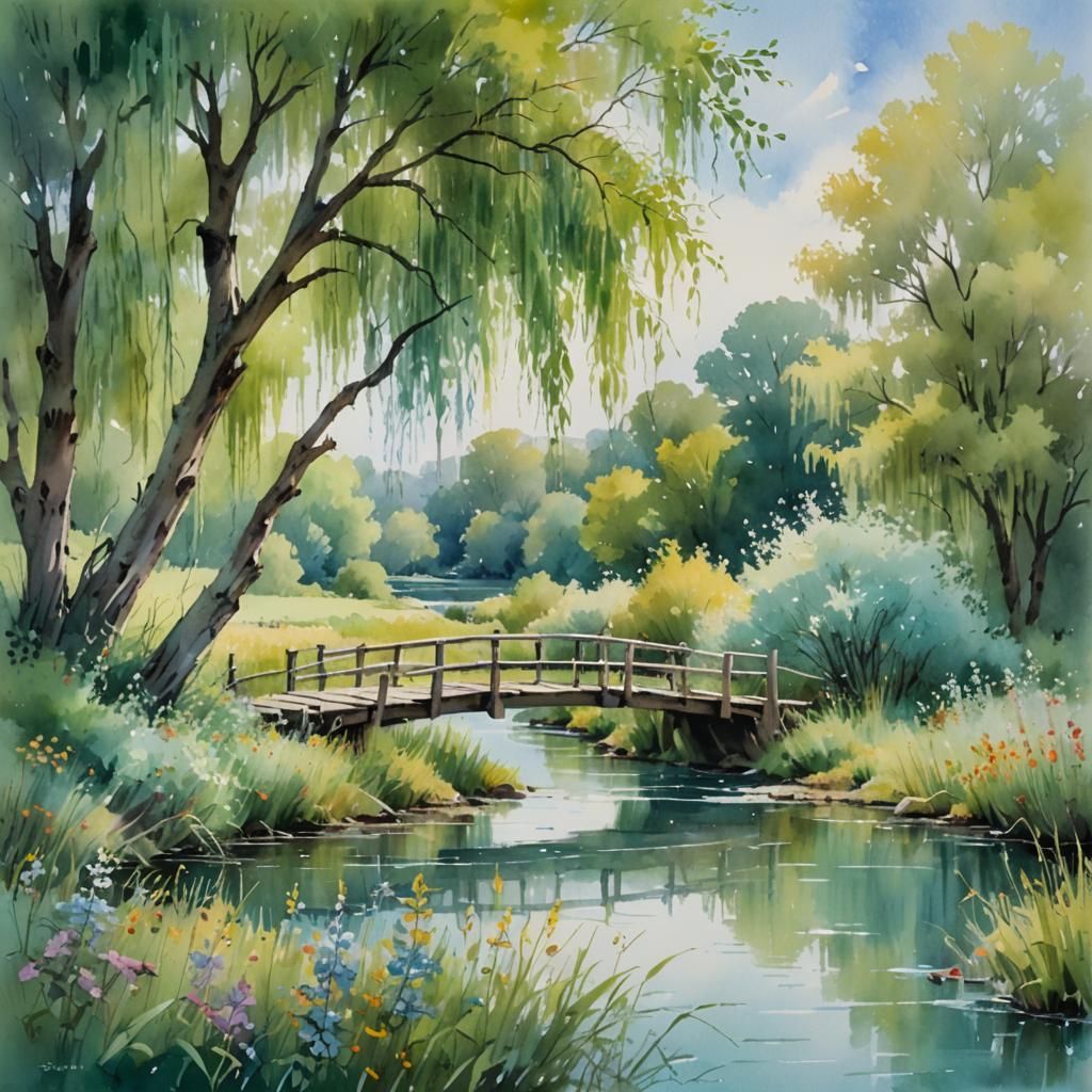 Watercolor Bridge Over Serene River Landscape