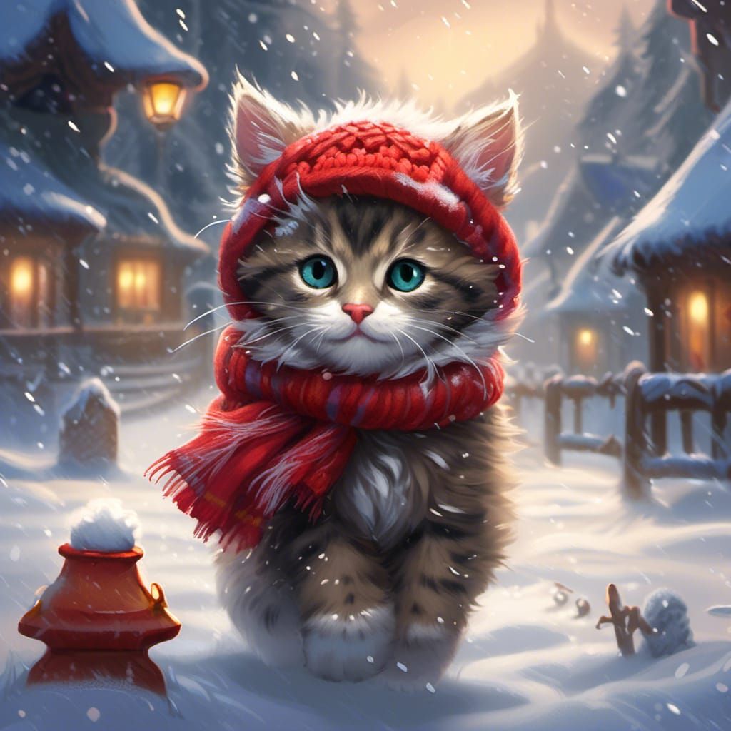 Cute Kitten in Winter Wonderland, Anime Style